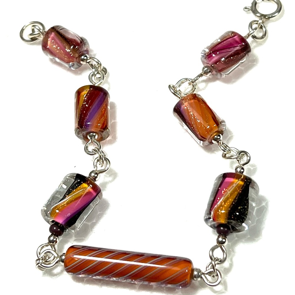 LAMPWORK MORANO BARREL BRACELET STERLING SILVER ORANGE PINK PURPLE
